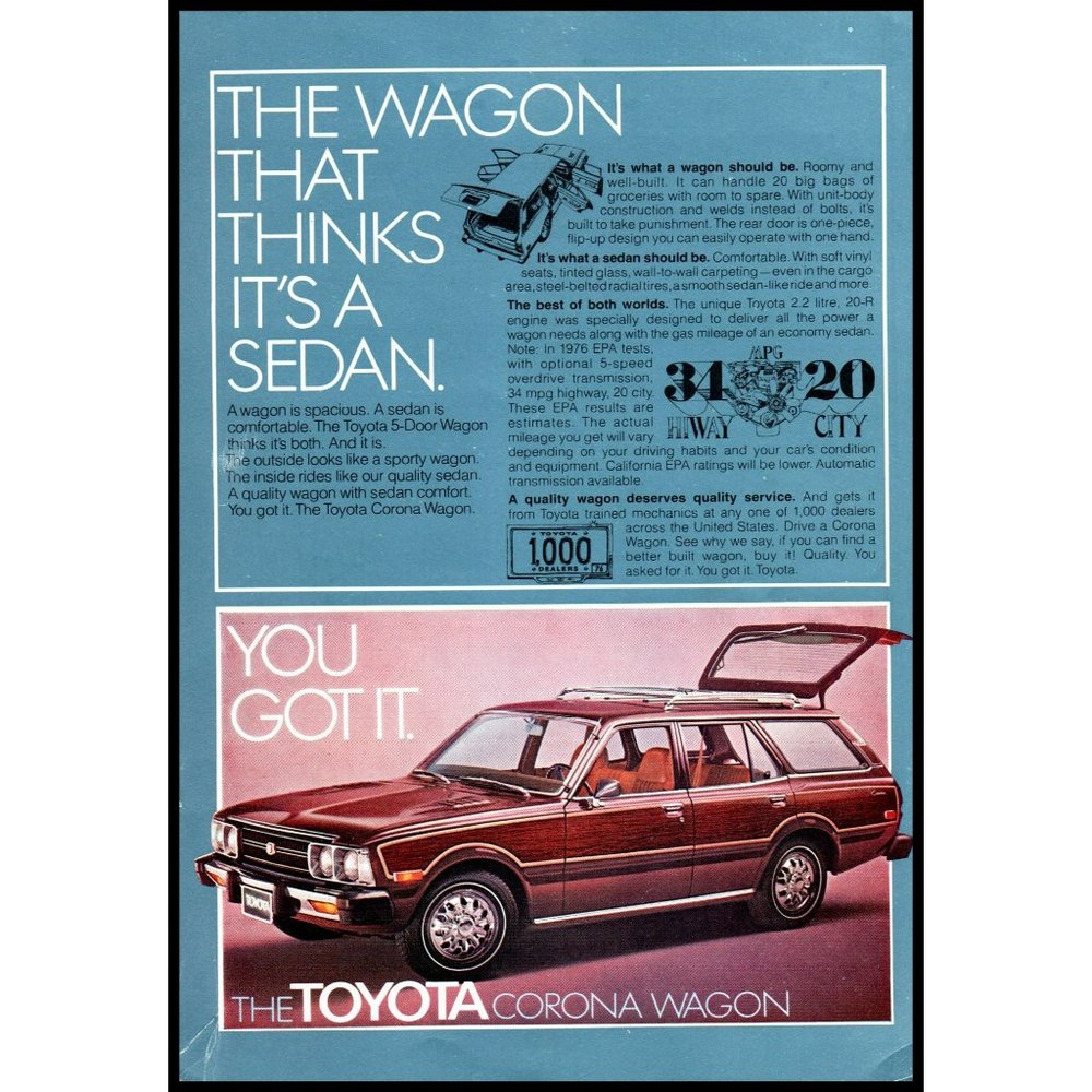 1977 Toyota Corona Wagon Vintage Print Ad Wood Grain Fuel Crisis Wall Art Decor